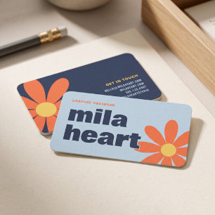 Tarjeta De Visita Retro Floral Naranja Azul