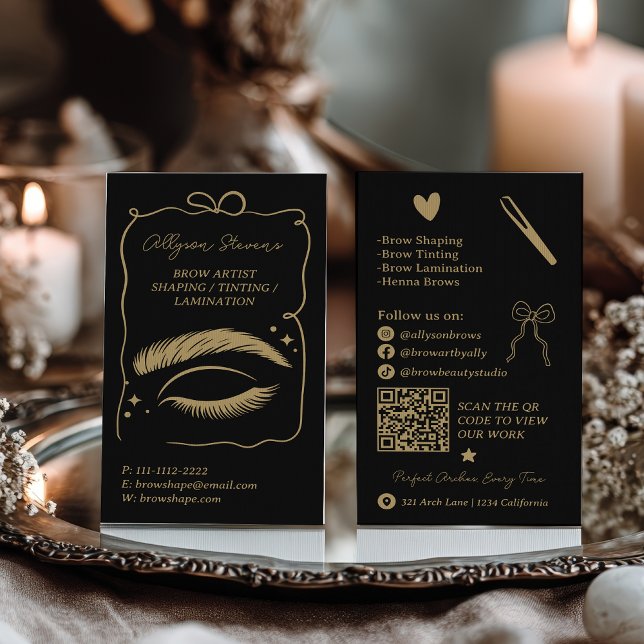 Tarjeta De Visita Retro gold black Doodles Brow Artist QR Code (Retro gold black Doodles Brow Artist QR Code Business Card)