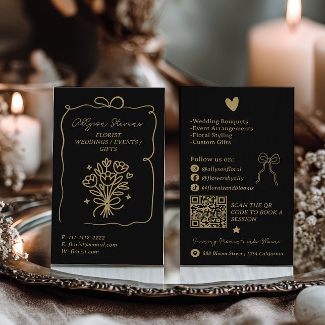 Tarjeta De Visita Retro Gold Black Doodles Florist Artist QR Code (Retro Gold Black Doodles Florist Artist QR Code Business Card)