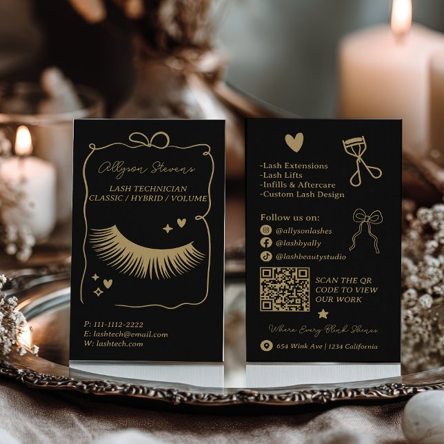 Tarjeta De Visita Retro gold black Doodles Lash Tech QR Code (Retro gold black Doodles Lash Tech QR Code Business Card)