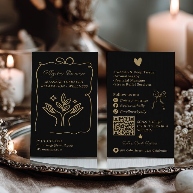 Tarjeta De Visita Retro Gold black Doodles Massage Therapist QR Code (Retro Gold black Doodles Massage Therapist QR Code Business Card)