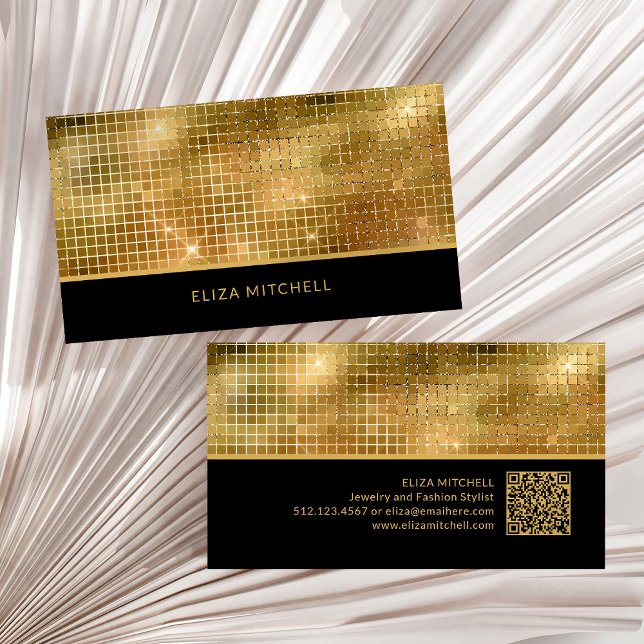 Tarjeta De Visita Retro Gold Disco Ball Mirror | Código QR (A glam, retro and disco-ball inspired black and gold business card, with scannable QR code)