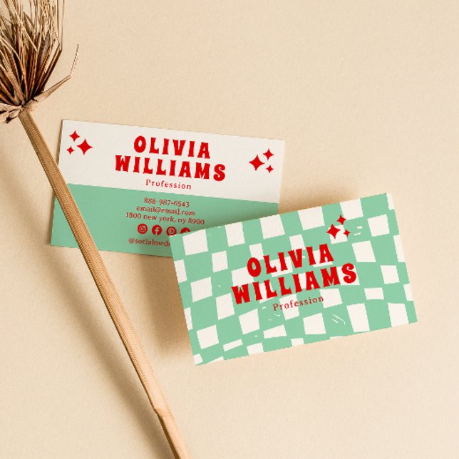 Tarjeta De Visita Retro Green Bold Groovy Checkered Funky de moda (Subido por el creador)