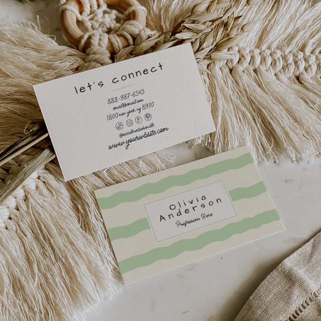 Tarjeta De Visita Retro Green Cream Waved Stripes Trendy Boho (Subido por el creador)