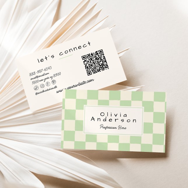 Tarjeta De Visita Retro Green Cream Wavy Checkered Boho QR Code (Subido por el creador)