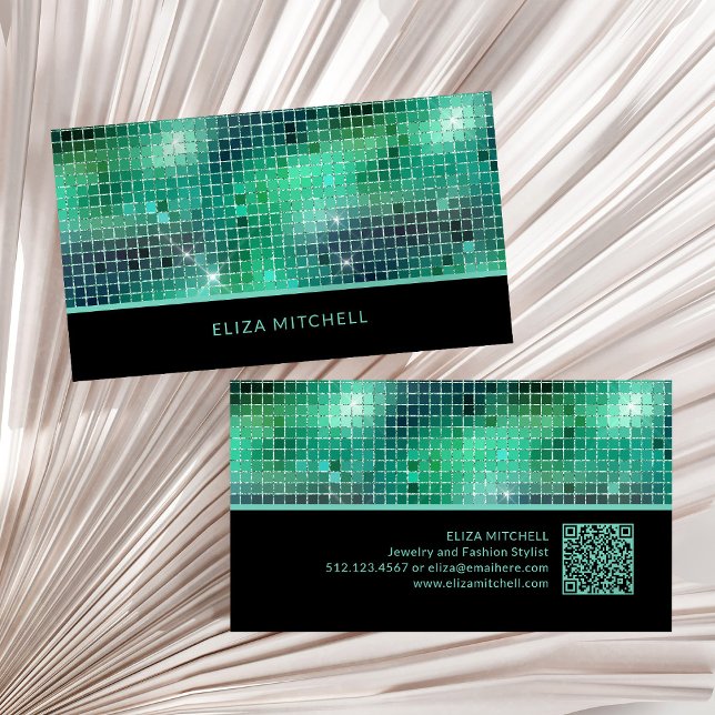 Tarjeta De Visita Retro Green Disco Ball Mirror | Código QR (A glam, disco inspired green and black business card, with scannable QR code)