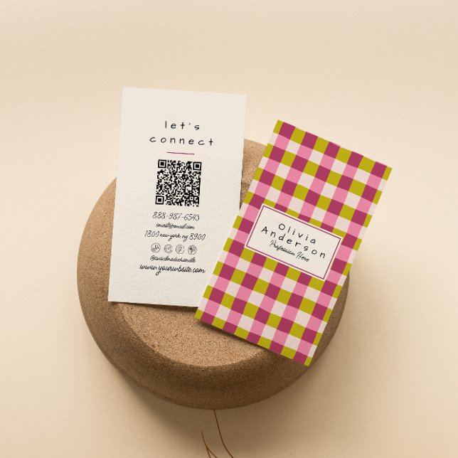 Tarjeta De Visita Retro Green Pink Checkered Gingham Girly QR Code (Subido por el creador)