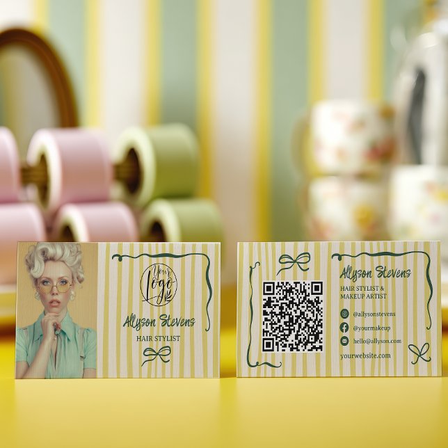 Tarjeta De Visita Retro Green Striped Quirky Hair photo qr code Logo (Retro Green Striped Quirky Hair photo qr code Logo Business Card)