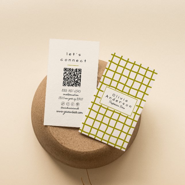 Tarjeta De Visita Retro Green Waved Checkered Trendy Boho QR Code (Subido por el creador)