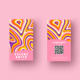 Tarjeta De Visita Retro Groovy Bright Pink QR Code Bold Boho Unique
