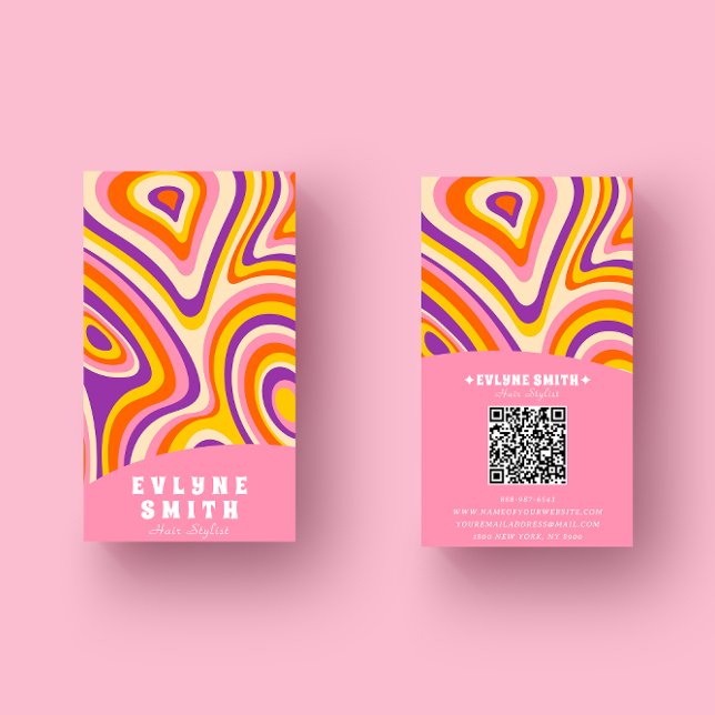 Tarjeta De Visita Retro Groovy Bright Pink QR Code Bold Boho Unique (Subido por el creador)
