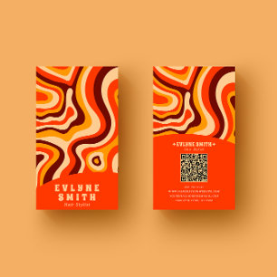 Tarjeta De Visita Retro Groovy Naranja brillante Código QR Negrita B