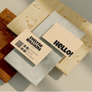 Tarjeta De Visita Retro Groovy Neutral Cream Gold Código QR Hola Boh