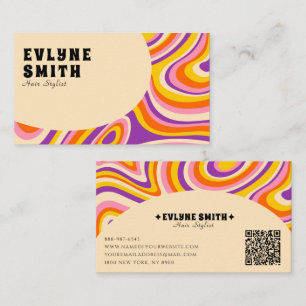 Tarjeta De Visita Retro Groovy QR Code 70s Psychedelic Herilist Styl
