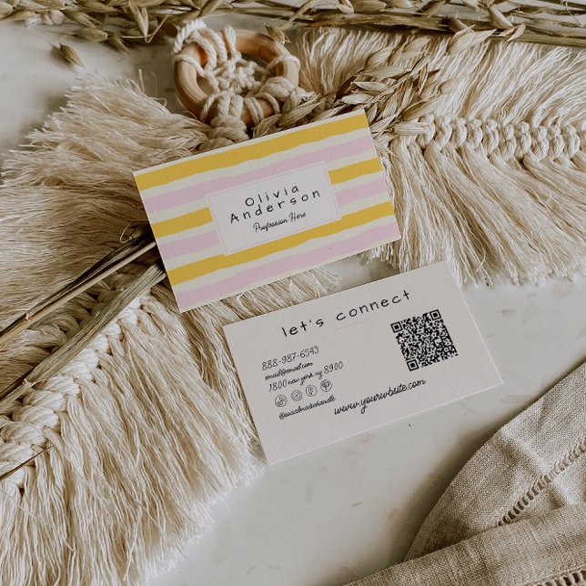 Tarjeta De Visita Retro Hand Drawn Pink Yellow Stripes QR Code Boho (Subido por el creador)