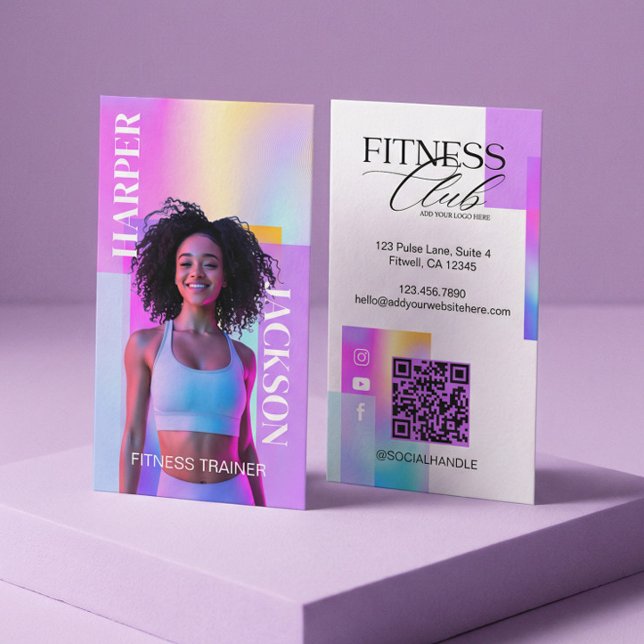 Tarjeta De Visita Retro Iridescent Holographic Fitness Trainer Photo (Retro Iridescent Holographic Fitness Trainer Photo Business Card)