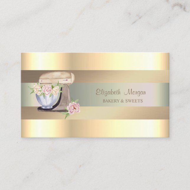 Tarjeta De Visita Retro Mixer Flores, Rayas Falsas de Oro  (Anverso)