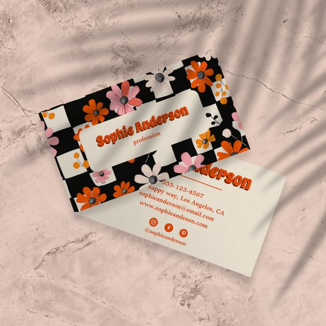 Tarjeta De Visita Retro Orange Floral Checkered Business Card (Subido por el creador)