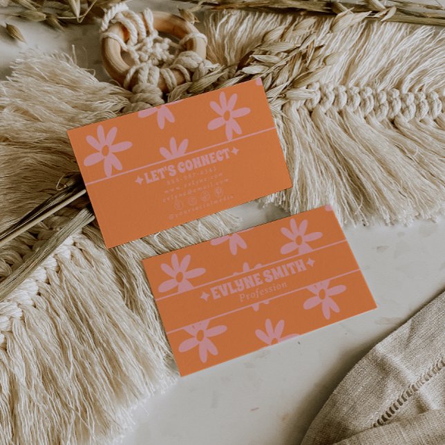 Tarjeta De Visita Retro Orange Pink 70s Groovy Floral Boho Girly Fun (Subido por el creador)