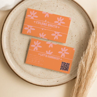 Tarjeta De Visita Retro Orange Pink QR Code 70s Groovy Floral Girly