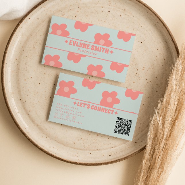 Tarjeta De Visita Retro Pastel Pink QR Code Groovy Floral Boho Girly (Subido por el creador)