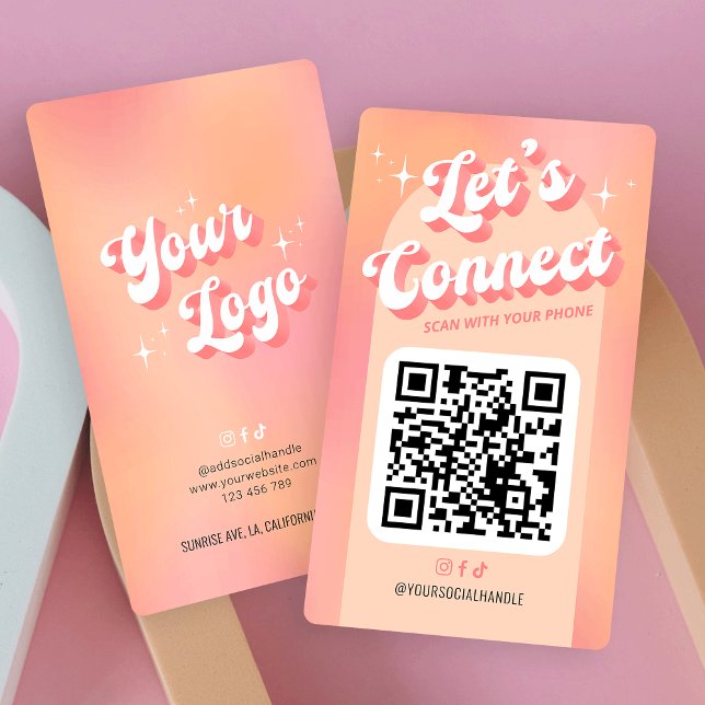 Tarjeta De Visita Retro Peach Let's Connect Social Media QR Code (Retro peach pink QR code business cards with space for your logo and contact details)
