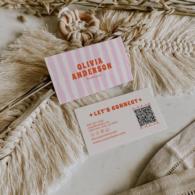 Tarjeta De Visita Retro Pink Boho Groovy Pinstripes Girly QR Code (Subido por el creador)