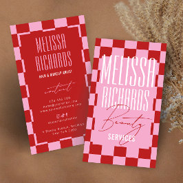 Tarjeta De Visita Retro Pink Checkered Aesthetician Lashes Salon