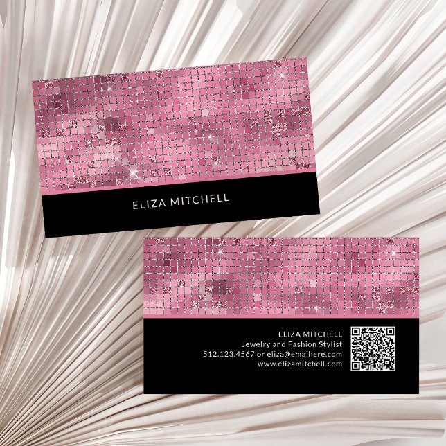 Tarjeta De Visita Retro Pink Disco Ball Mirror | Código QR (A glam, disco ball inspired business card in dark pink and black with a scannable QR code)