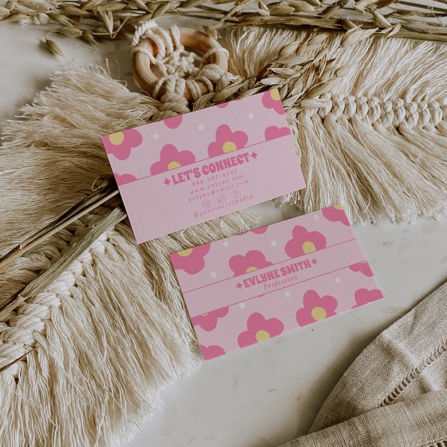 Tarjeta De Visita Retro Pink Groovy Floral Boho Girly Unique 70s (Subido por el creador)