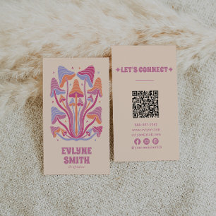 Tarjeta De Visita Retro Pink Groovy Mushrooms Girly Boho QR Code