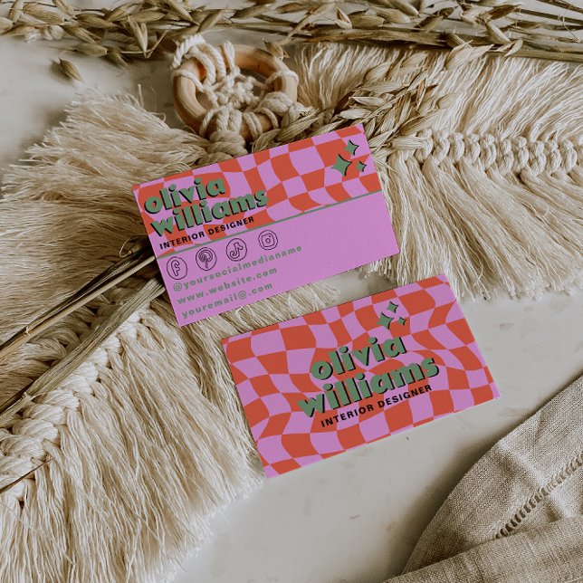 Tarjeta De Visita Retro Pink Orange Boho Groovy Checkered Unique (Subido por el creador)