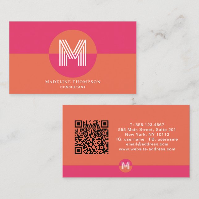 Tarjeta De Visita Retro Pink Orange Geometric Monogram QR Code (Anverso / Reverso)