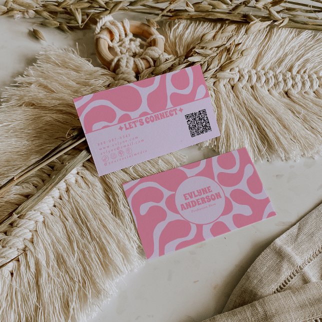 Tarjeta De Visita Retro Pink Pastel QR Code 70s Groovy Girly Trendy (Subido por el creador)