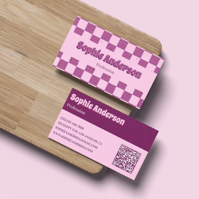Tarjeta De Visita Retro Pink & Purple Checkerboard with QR Code (Subido por el creador)
