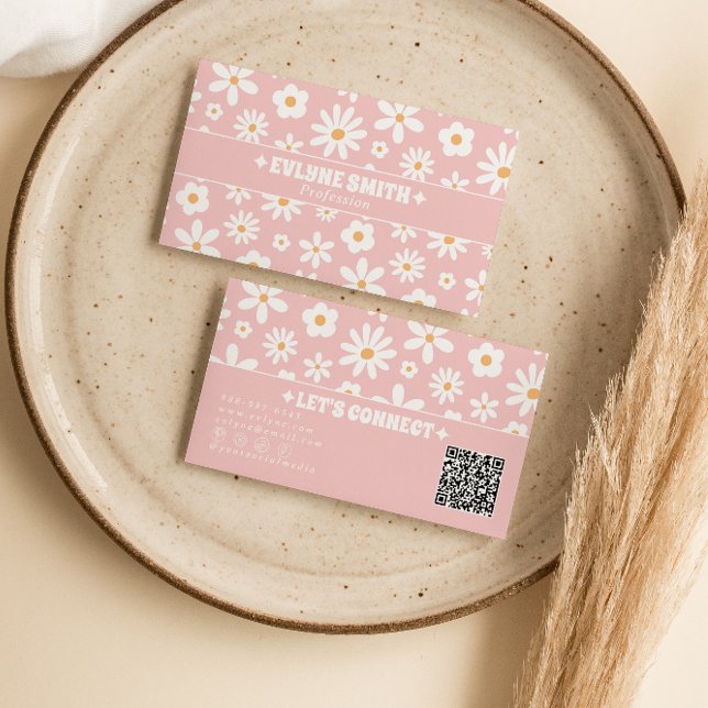 Tarjeta De Visita Retro Pink QR Code Groovy Floral Boho Girly Unique (Subido por el creador)