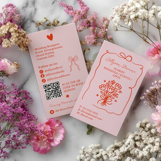 Tarjeta De Visita Retro Pink Red Doodles Florist Artist QR Code (Retro Pink Red Doodles Florist Artist QR Code Business Card)
