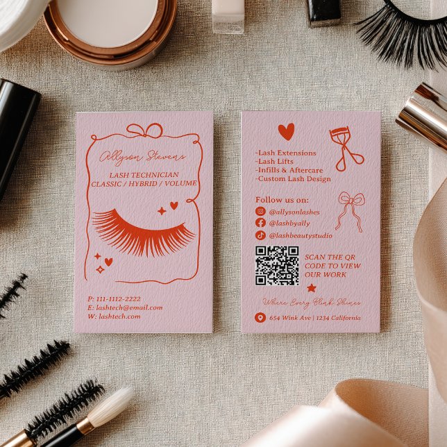 Tarjeta De Visita Retro Pink Red Doodles Lash Tech QR Code (Retro Pink Red Doodles Lash Tech QR Code Business Card)