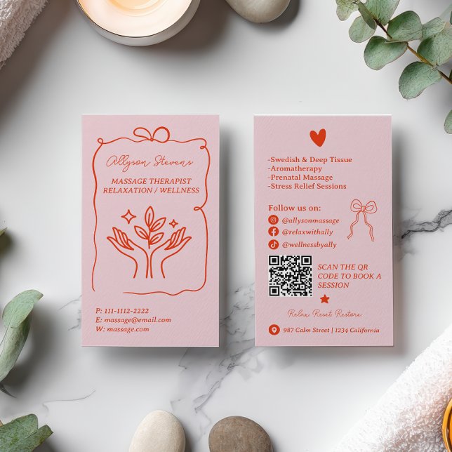 Tarjeta De Visita Retro Pink Red Doodles Massage Therapist QR Code (Retro Pink Red Doodles Massage Therapist QR Code Business Card)