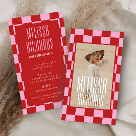 Tarjeta De Visita Retro Pink Red Groovy Beauty Salon Custom Photo