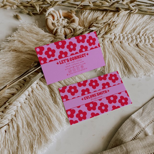 Tarjeta De Visita Retro Pink Red Groovy Floral Boho Girly Trendy (Subido por el creador)