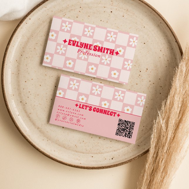 Tarjeta De Visita Retro Pink Red QR Code Checkered Groovy Floral  (Subido por el creador)