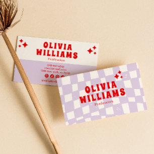 Tarjeta De Visita Retro Purple Bold Groovy Checkered Funky Trendy