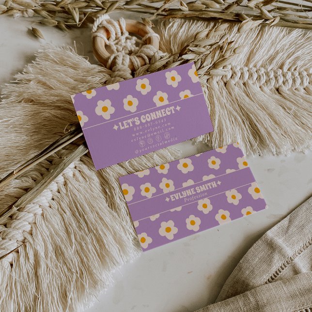 Tarjeta De Visita Retro Purple White Groovy Floral Boho Trendy Fun (Subido por el creador)