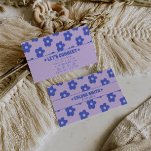 Tarjeta De Visita Retro Púrpura Azul Floral Boho Único Años 70