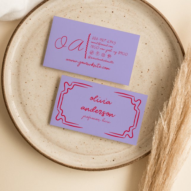Tarjeta De Visita Retro Púrpura Rojo Escrito A Mano Único Girly (Subido por el creador)