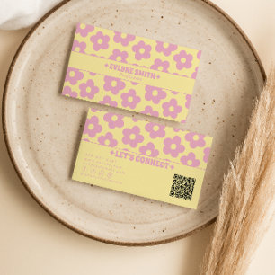 Tarjeta De Visita Retro Rosa Amarillo Código QR Floral Groovy Femeni