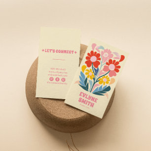 Tarjeta De Visita Retro Rosa Colorido Floral Groovy Boho Femenino Au