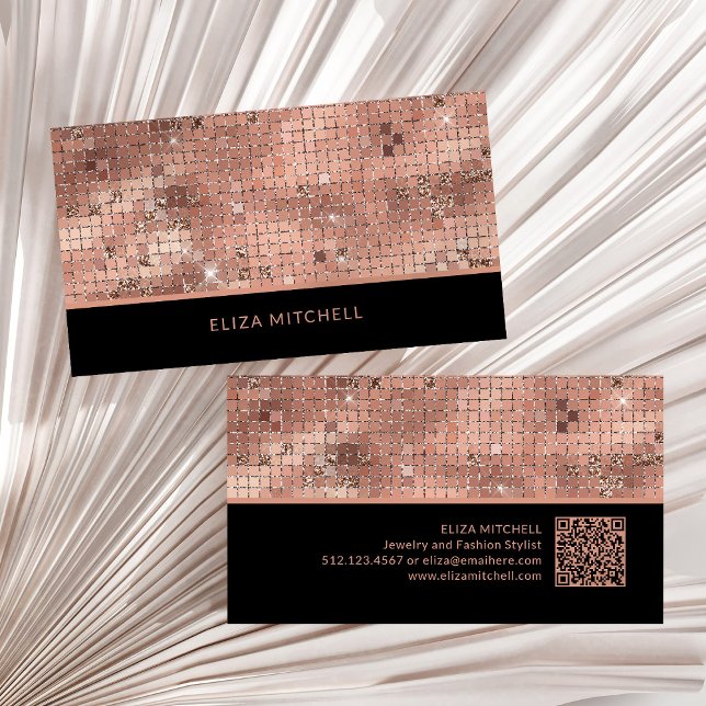 Tarjeta De Visita Retro Rosa Gold Disco Ball Mirror | Código QR (A glam, rose gold and black disco ball inspired business card, with a scannable QR code)