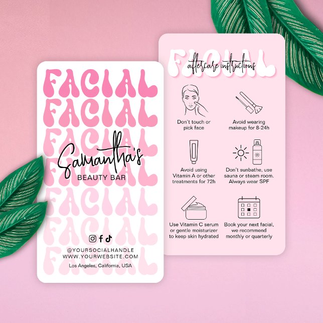 Tarjeta De Visita Retro Rosa Moderno Instrucciones de Cuidados Facia (Trendy facial aftercare cards featuring pink hues, retro fonts and beauty care icons)